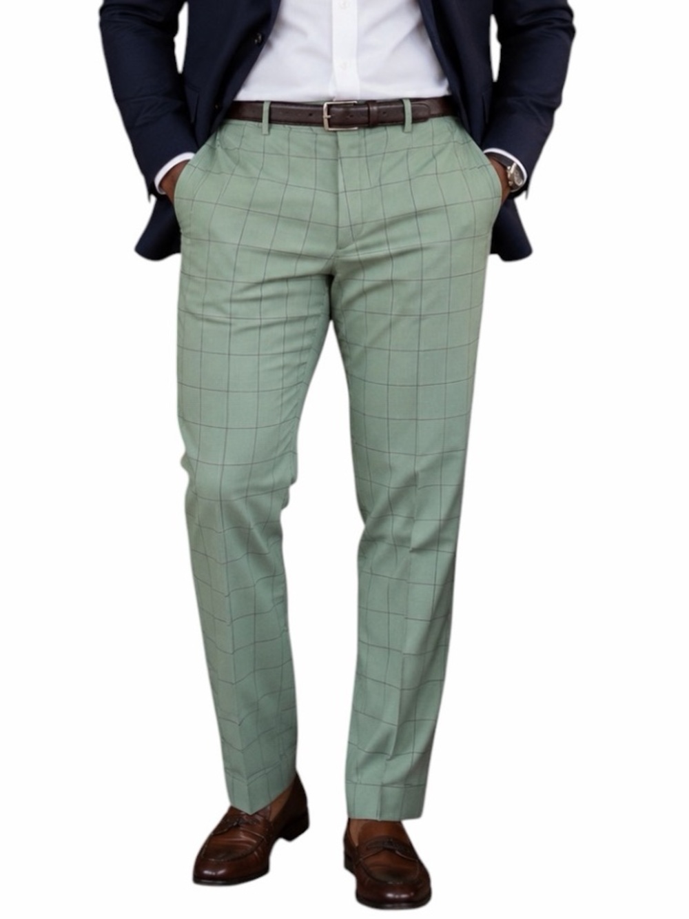 NWT Stacy Adams Exclusive 38L Green Windowpane Plaid Flat Front Pants Office
